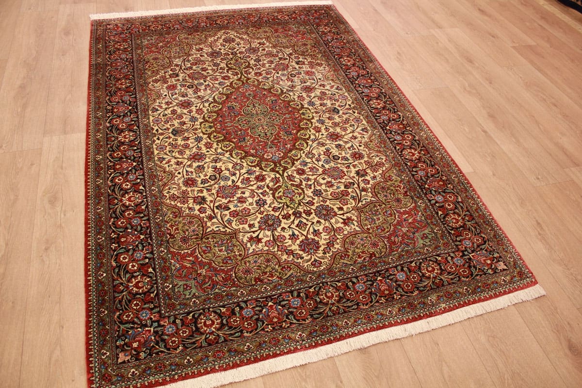 Perser Teppich Ghom Seidenteppich 206×137 cm Beige, handgeknüpft