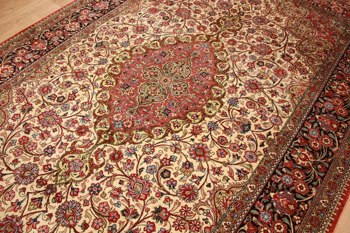 Perser Teppich Ghom Seidenteppich 206×137 cm Beige, handgeknüpft