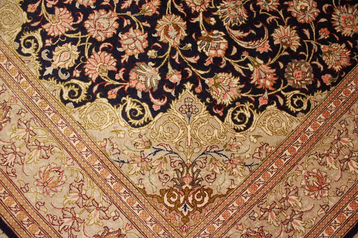 Ghom Seidenteppich Dunkelblau 151×101 cm, feine Muster, handgeknüpft