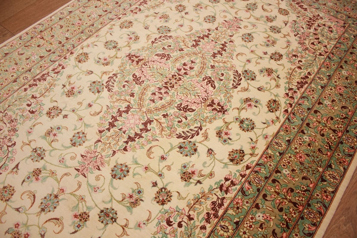 Perserteppich Ghom Seidenteppich „Ahmadi“ 150×99 cm Beige, handgeknüpft