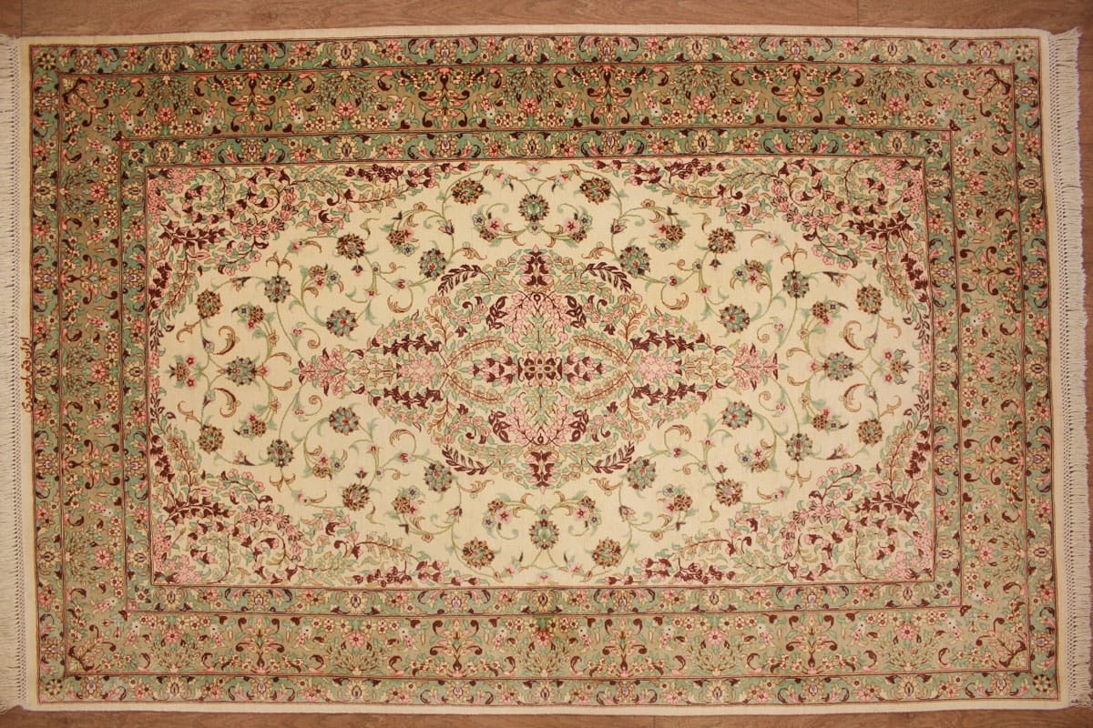 Perserteppich Ghom Seidenteppich „Ahmadi“ 150×99 cm Beige, handgeknüpft