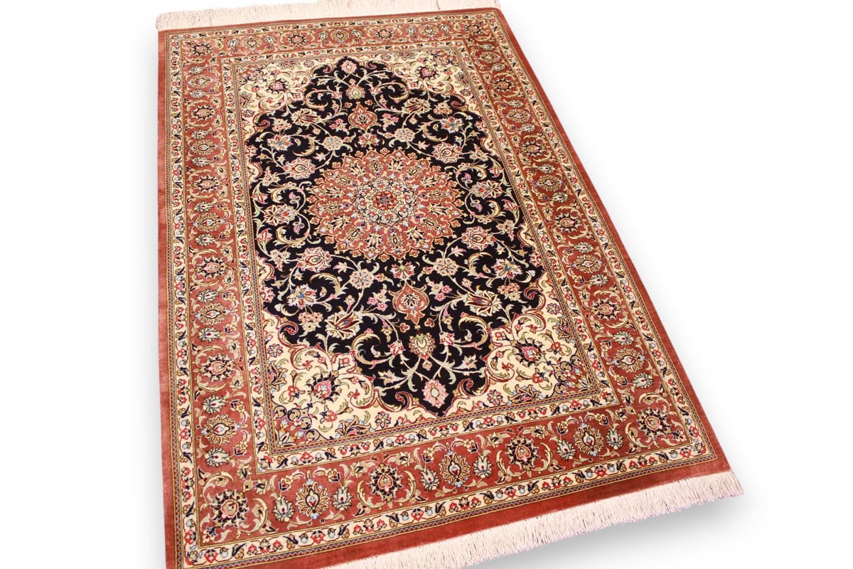 Perserteppich Ghom Seidenteppich 121×78 cm Dunkelblau, handgeknüpft