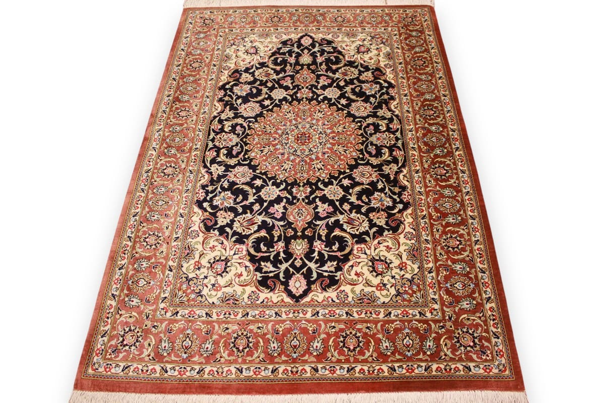 Perserteppich Ghom Seidenteppich 121×78 cm Dunkelblau, handgeknüpft
