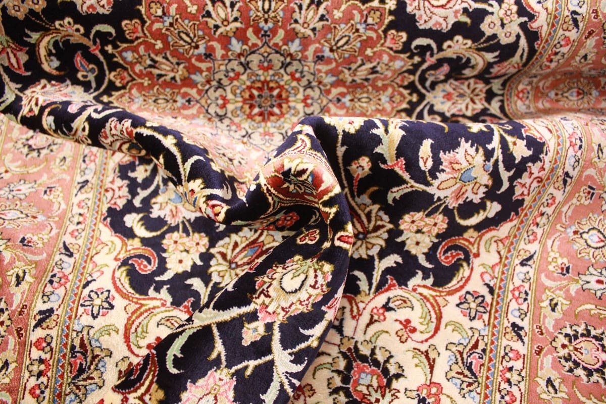 Perserteppich Ghom Seidenteppich 121×78 cm Dunkelblau, handgeknüpft