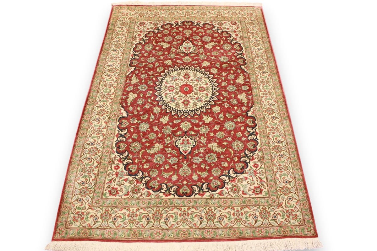 Perser Teppich Ghom Seidenteppich 122×81 cm Rot, handgeknüpft