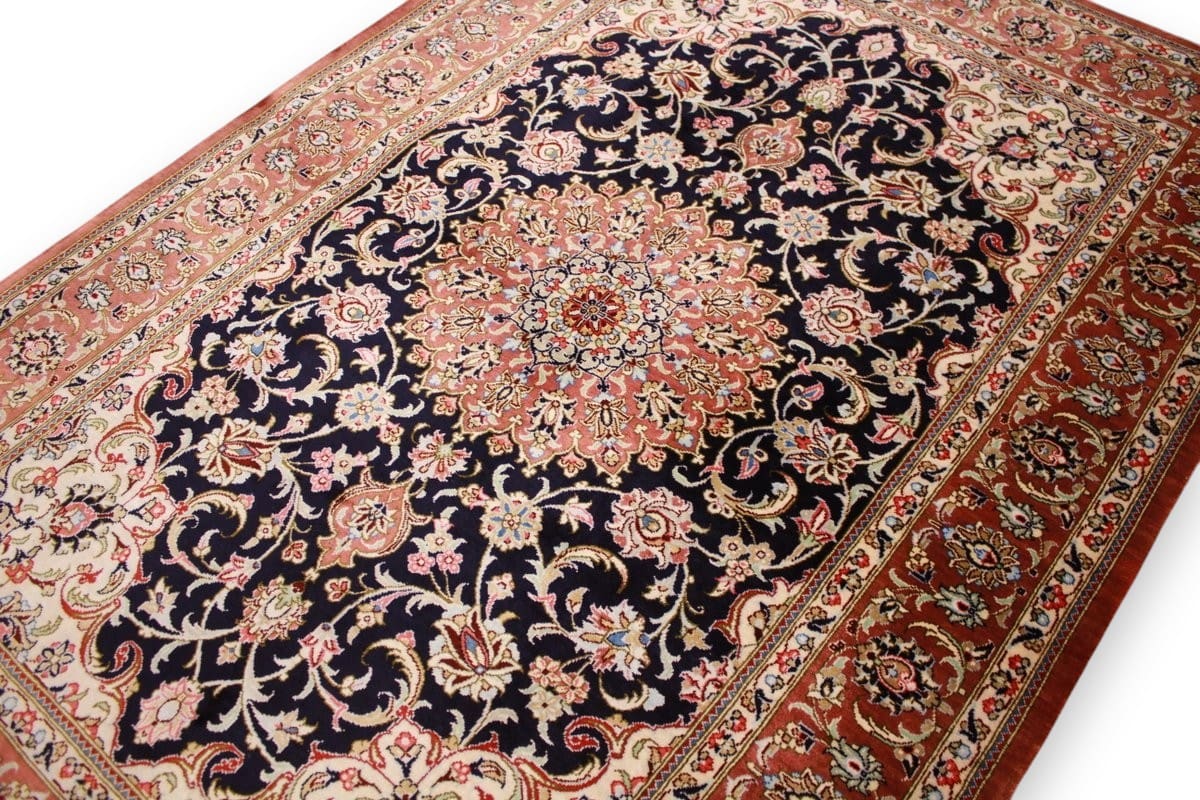 Perserteppich Ghom Seidenteppich 122×81 cm Blau, handgeknüpft