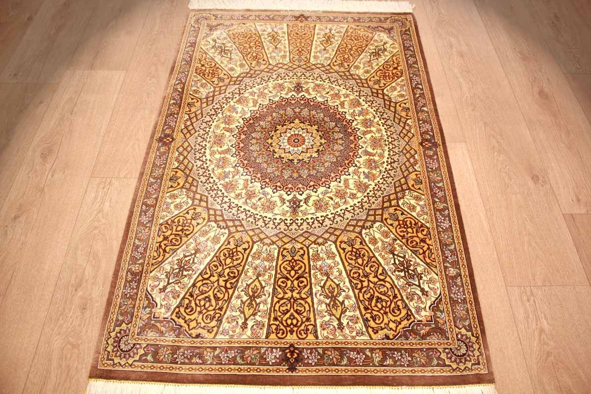 Perser Teppich Ghom Seidenteppich 129×85 cm Elfenbein Royal handgeknüpft