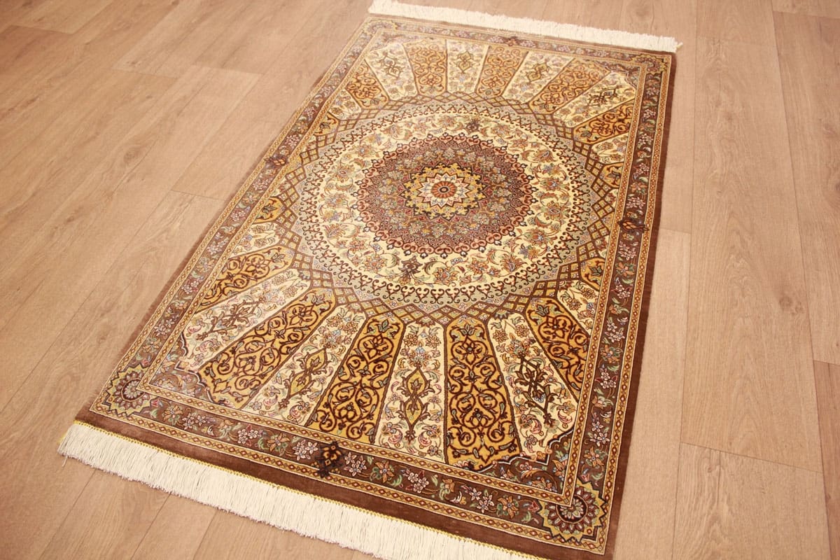 Perser Teppich Ghom Seidenteppich 129×85 cm Elfenbein Royal handgeknüpft