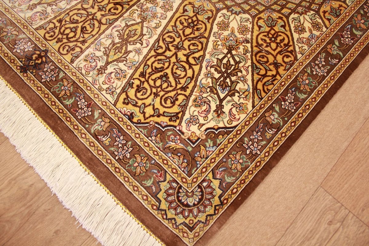 Perser Teppich Ghom Seidenteppich 129×85 cm Elfenbein Royal handgeknüpft