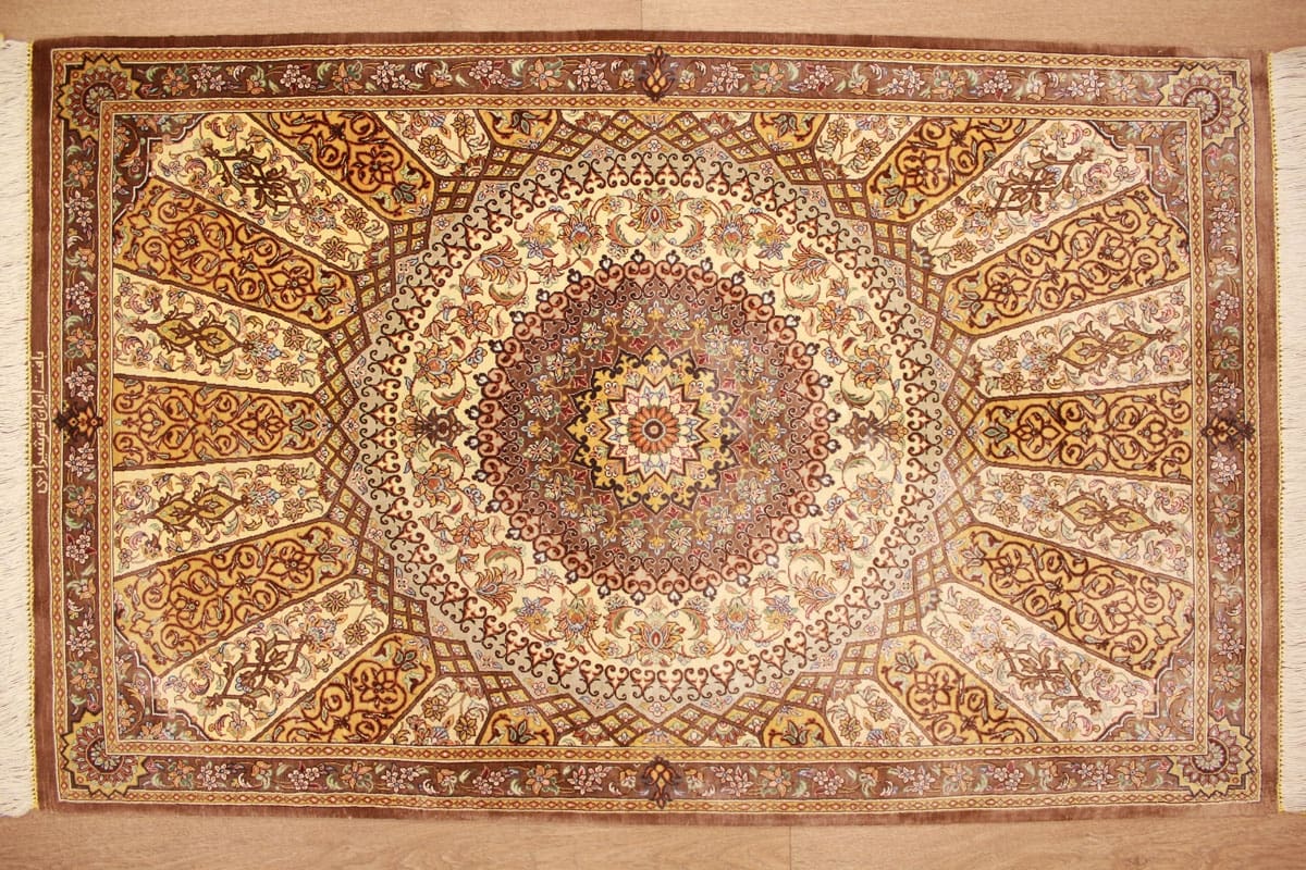 Perser Teppich Ghom Seidenteppich 129×85 cm Elfenbein Royal handgeknüpft