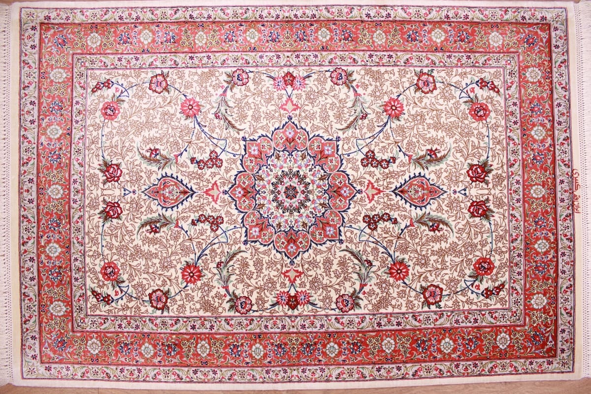 Perser Teppich Ghom Seidenteppich 120×81 cm Beige, handgeknüpft