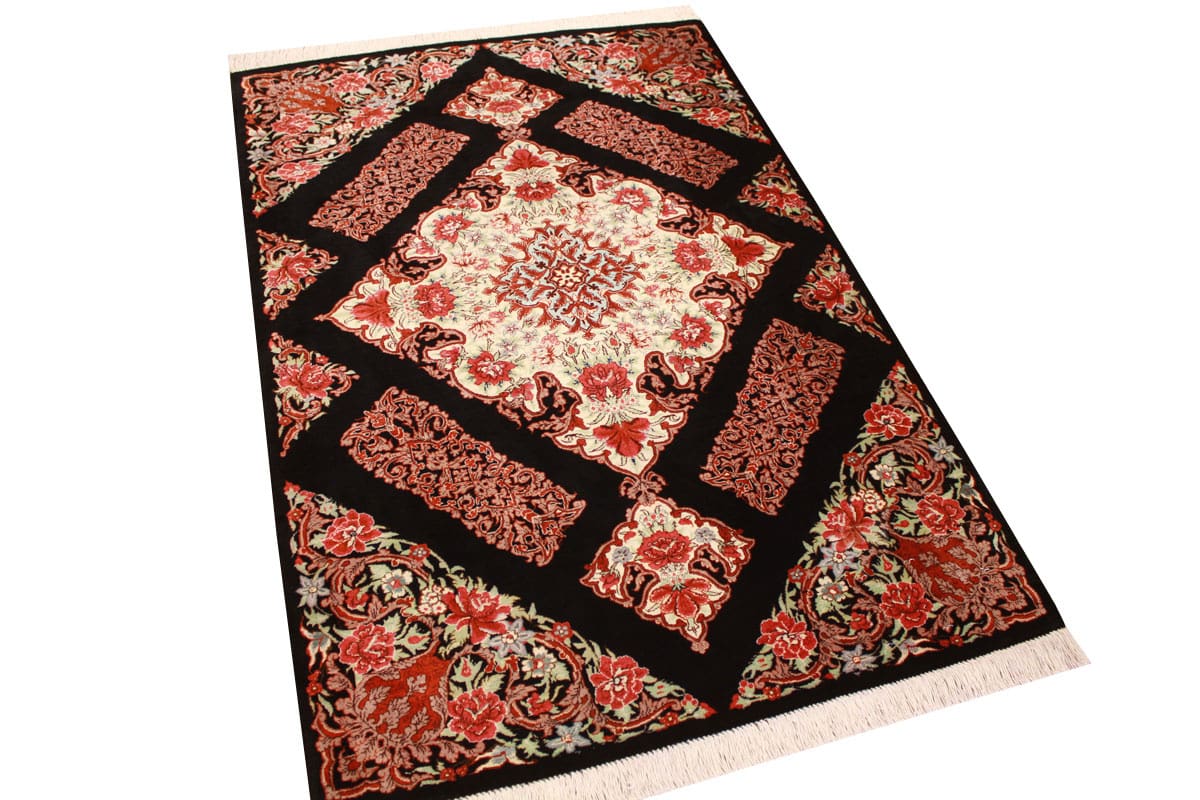 Perserteppich Ghom Seidenteppich 122×81 cm Schwarz, handgeknüpft