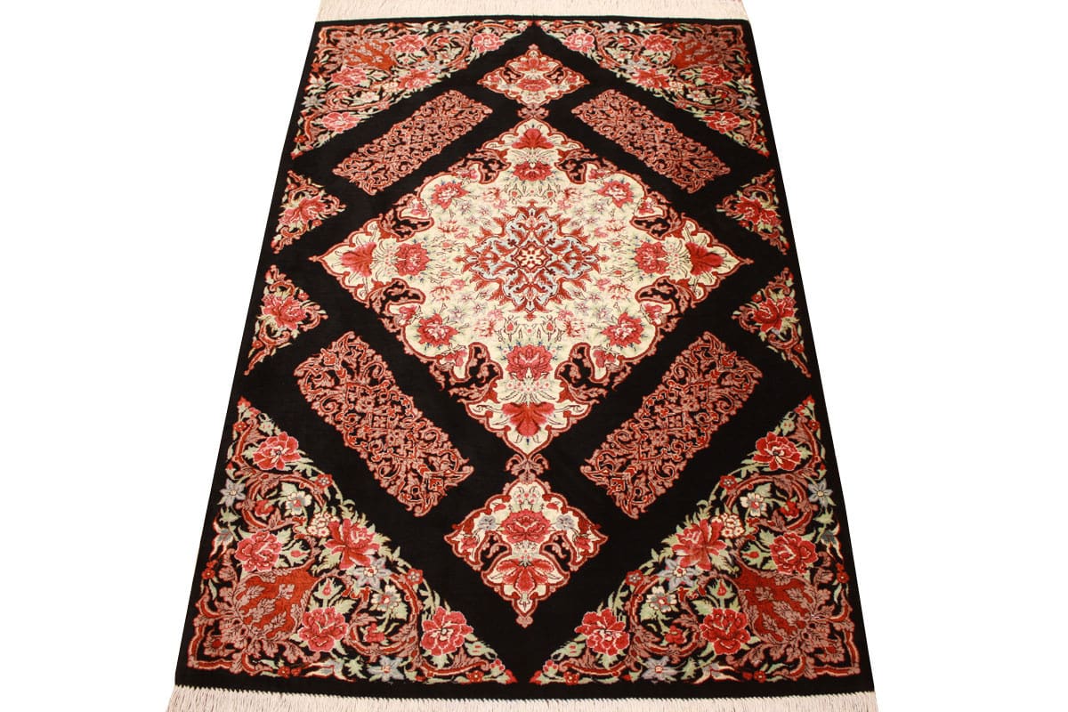 Perserteppich Ghom Seidenteppich 122×81 cm Schwarz, handgeknüpft