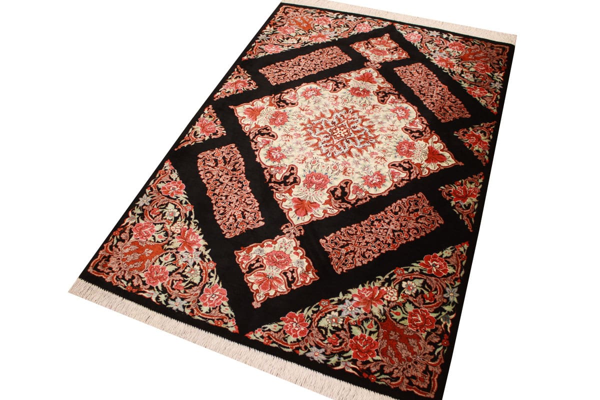 Perserteppich Ghom Seidenteppich 122×81 cm Schwarz, handgeknüpft