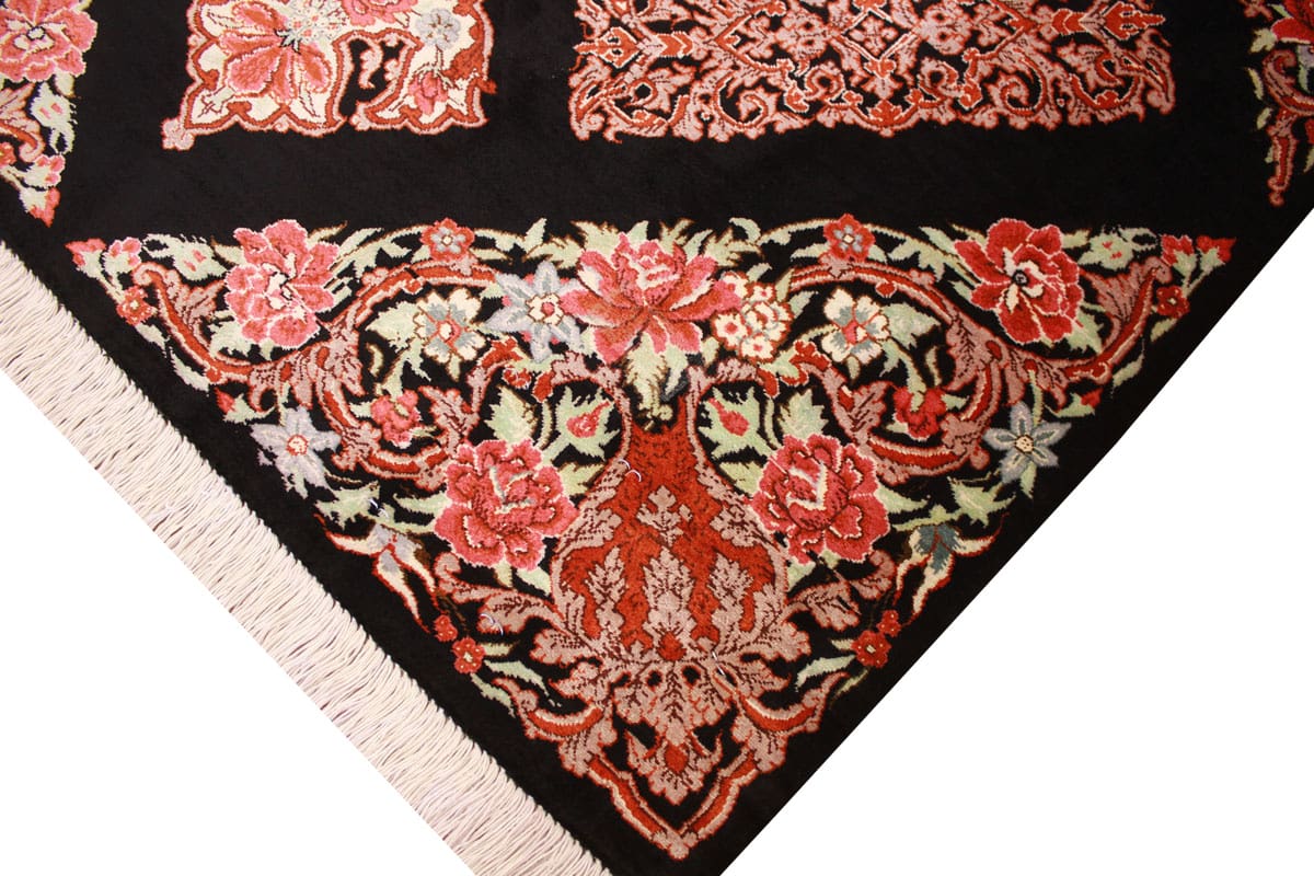 Perserteppich Ghom Seidenteppich 122×81 cm Schwarz, handgeknüpft