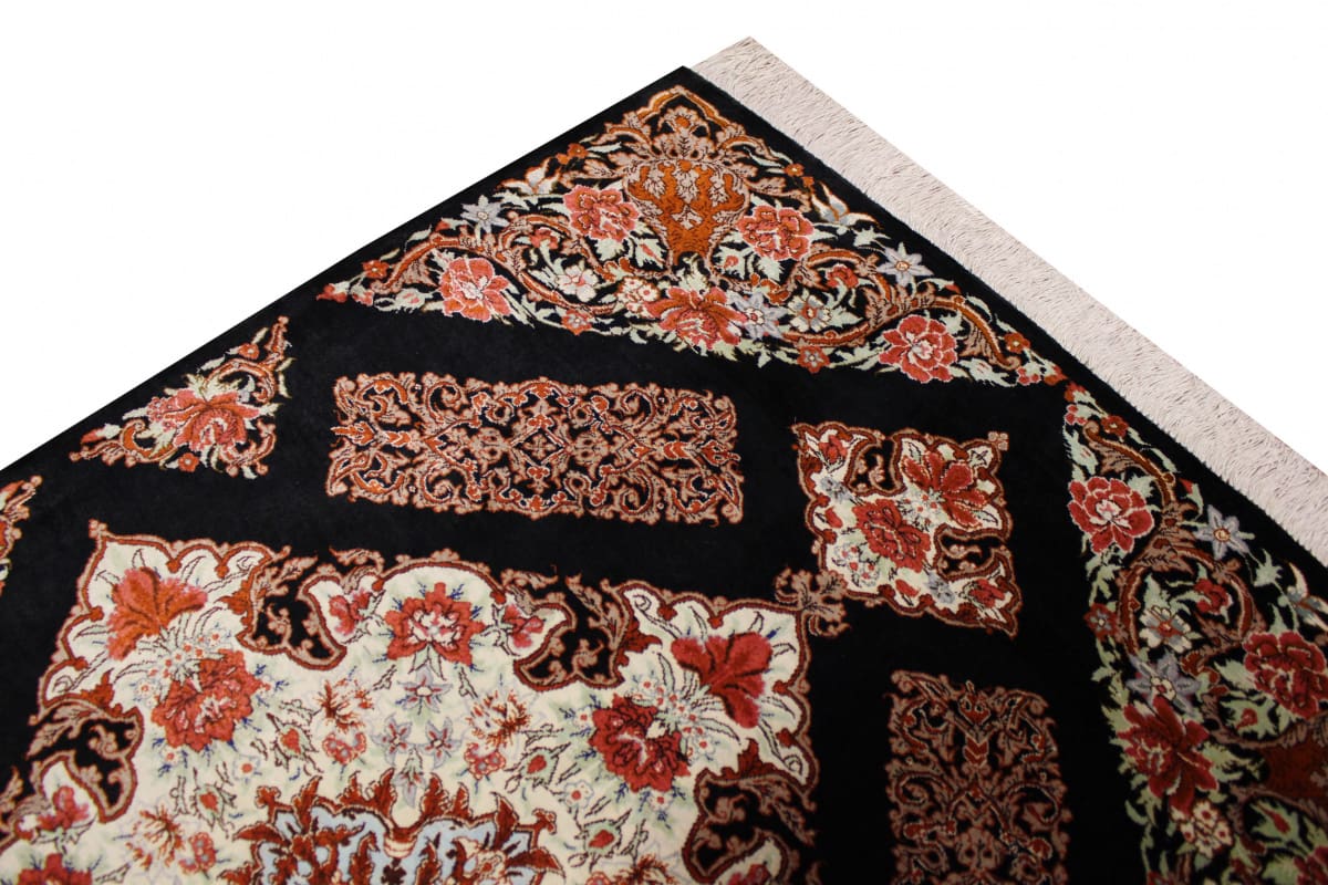 Perserteppich Ghom Seidenteppich 122×81 cm Schwarz, handgeknüpft