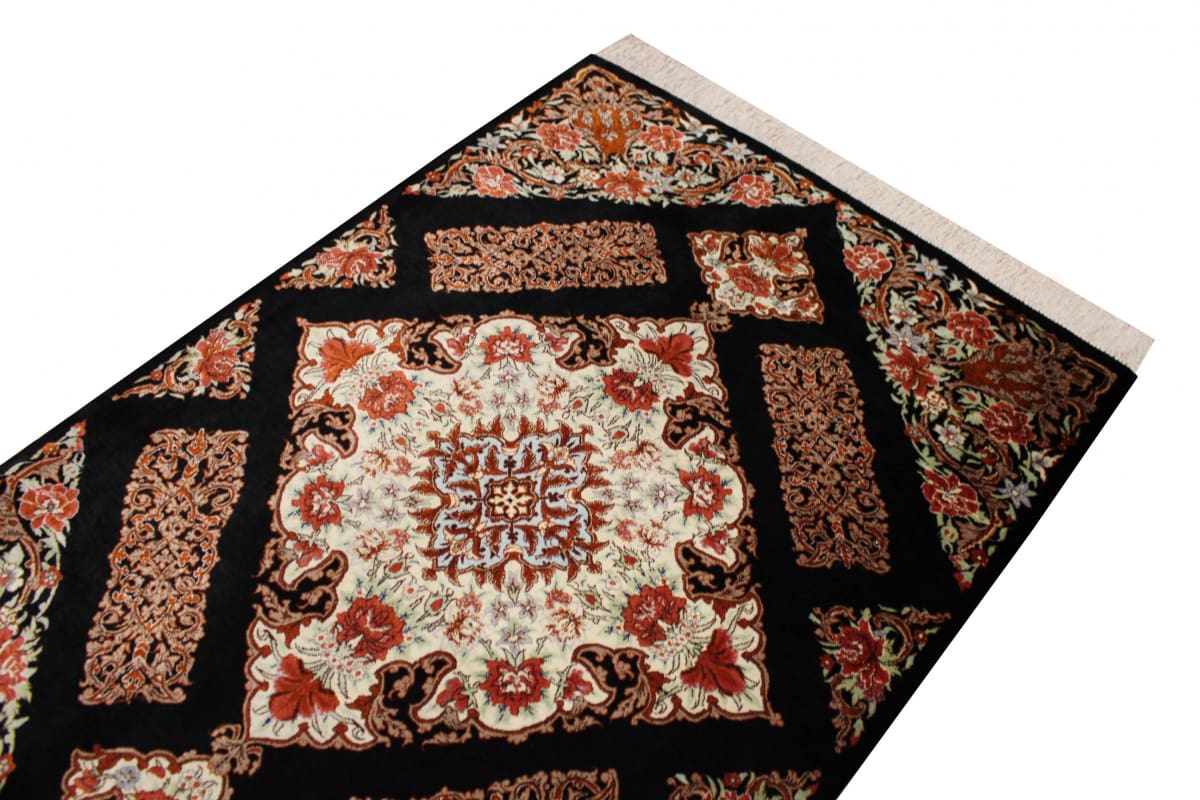 Perserteppich Ghom Seidenteppich 122×81 cm Schwarz, handgeknüpft