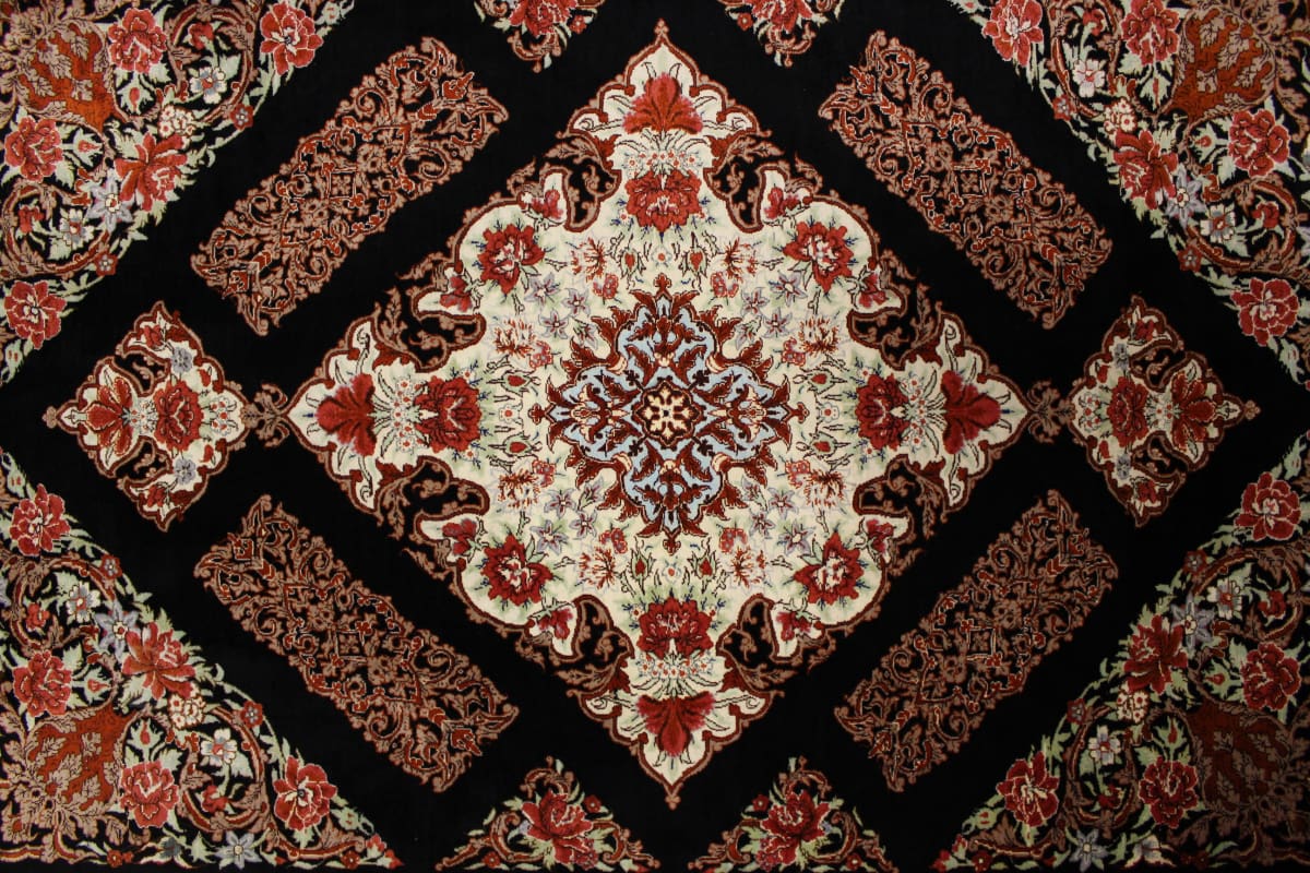 Perserteppich Ghom Seidenteppich 122×81 cm Schwarz, handgeknüpft