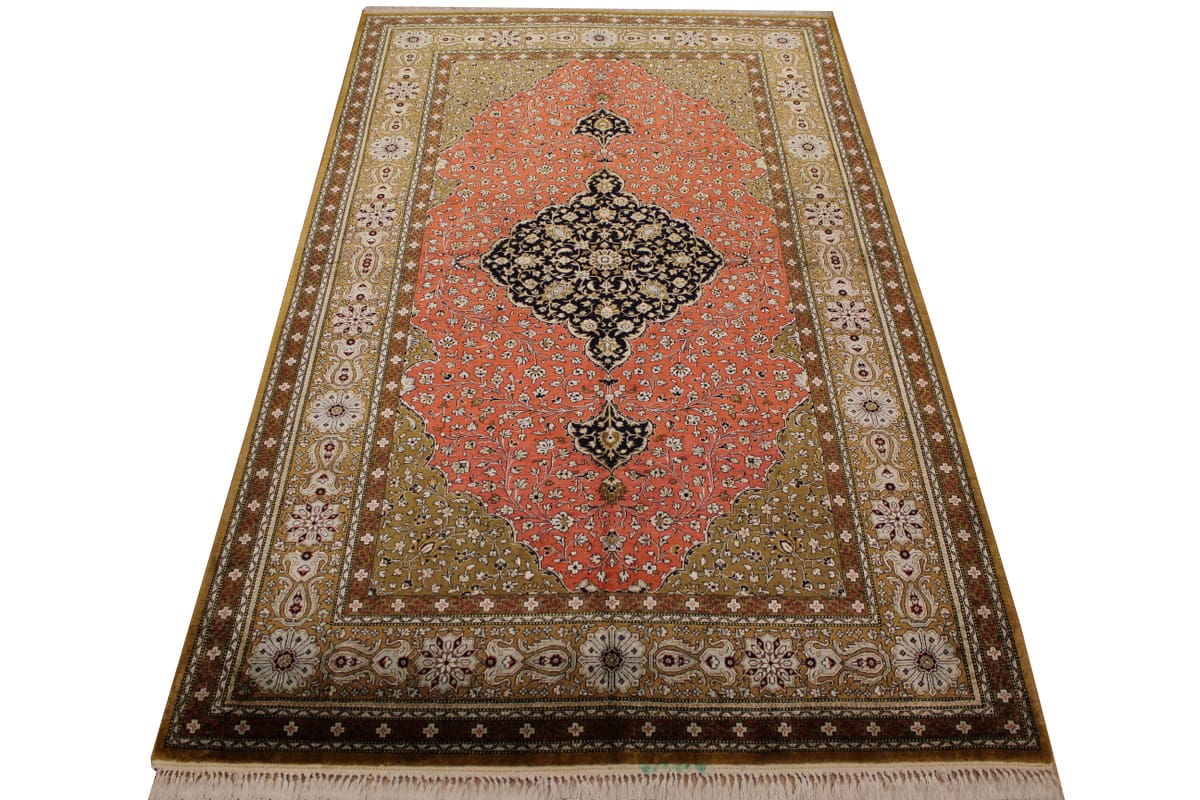 Alter Ghom Seidenteppich 227×141 cm, Naturfarben, handgeknüpft