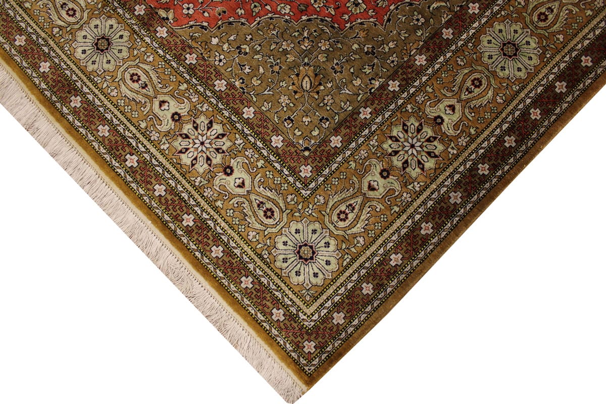 Alter Ghom Seidenteppich 227×141 cm, Naturfarben, handgeknüpft