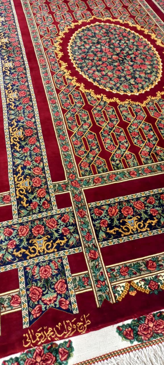 NEU 150×100 cm Handgeknüpfter Rahmani Ghom Seidenteppich „Sini Rose (Rose tray) – Red Edition“ | 1,50 m² | 70 Raj | 1.797.075 Knoten | 100 % Seide auf Seide H1