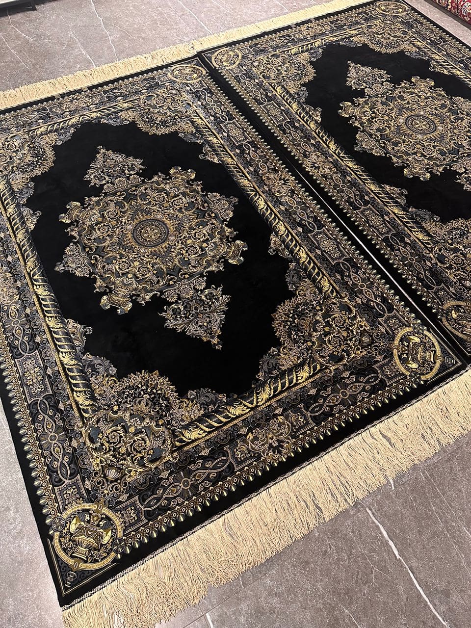 NEU PAAR (2×) 208×142 cm Handgeknüpfte Hossein Erami Ghom Seidenteppiche „Versace – Black“ | 5,90 m² | 71 Raj | 6.048.000 Knoten | 100 % Seide auf Seide H1