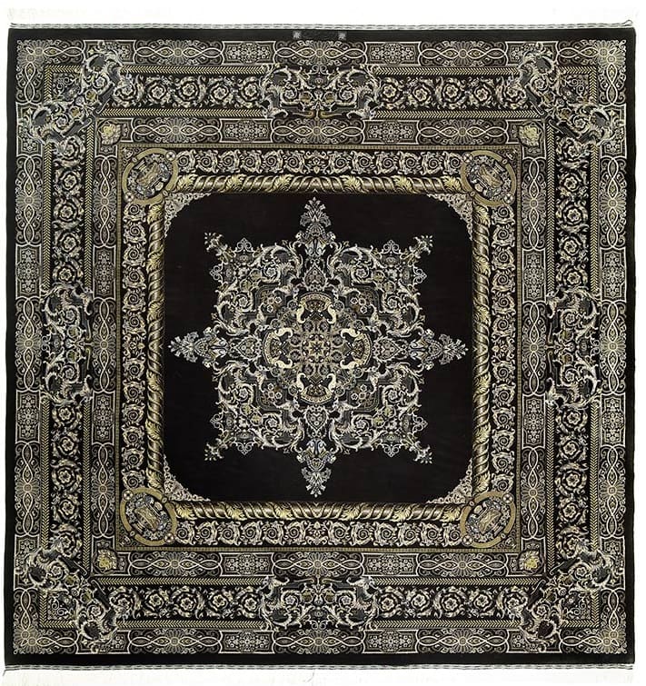 NEU 200×199 cm Handgeknüpfter Erami Ghom Seidenteppich „Versace – Black“ | 70 Raj | 3,98 m² | ca. 3.980.000 Knoten | 100 % Seide auf Seide H1