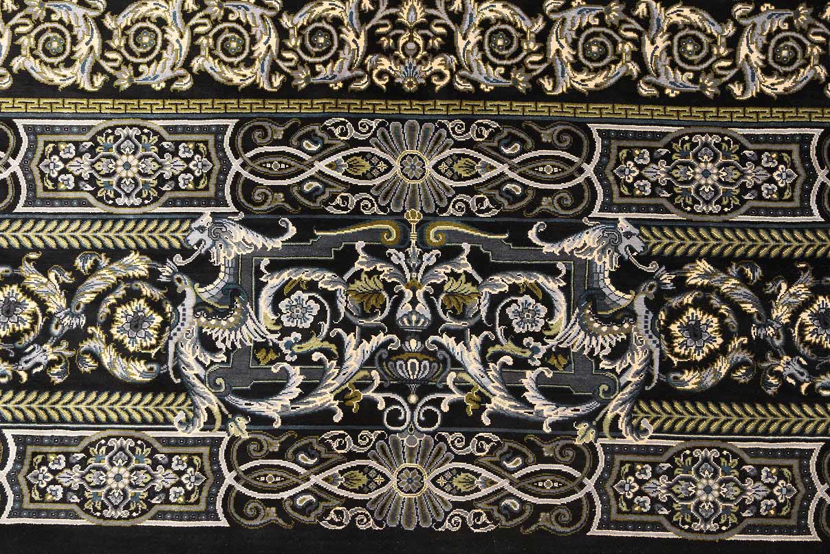 NEU 200×199 cm Handgeknüpfter Erami Ghom Seidenteppich „Versace – Black“ | 70 Raj | 3,98 m² | ca. 3.980.000 Knoten | 100 % Seide auf Seide H1