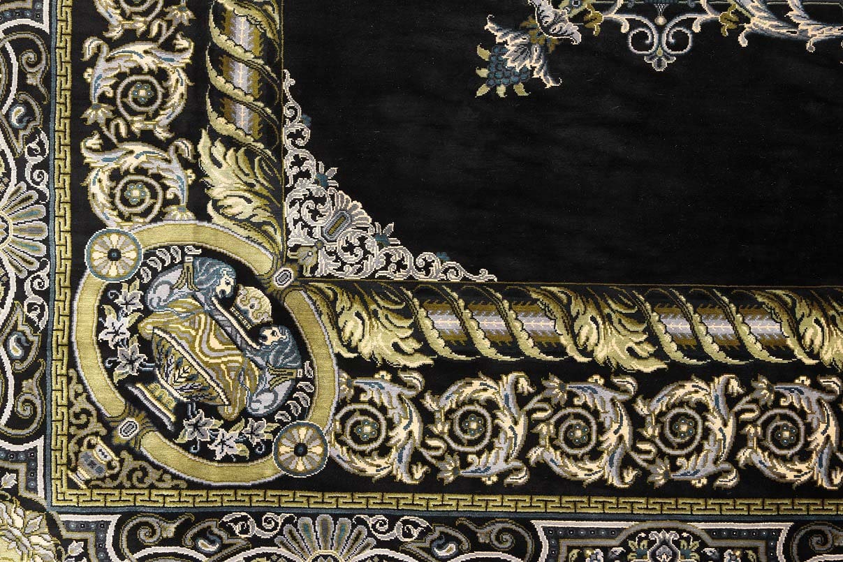 NEU 200×199 cm Handgeknüpfter Erami Ghom Seidenteppich „Versace – Black“ | 70 Raj | 3,98 m² | ca. 3.980.000 Knoten | 100 % Seide auf Seide H1