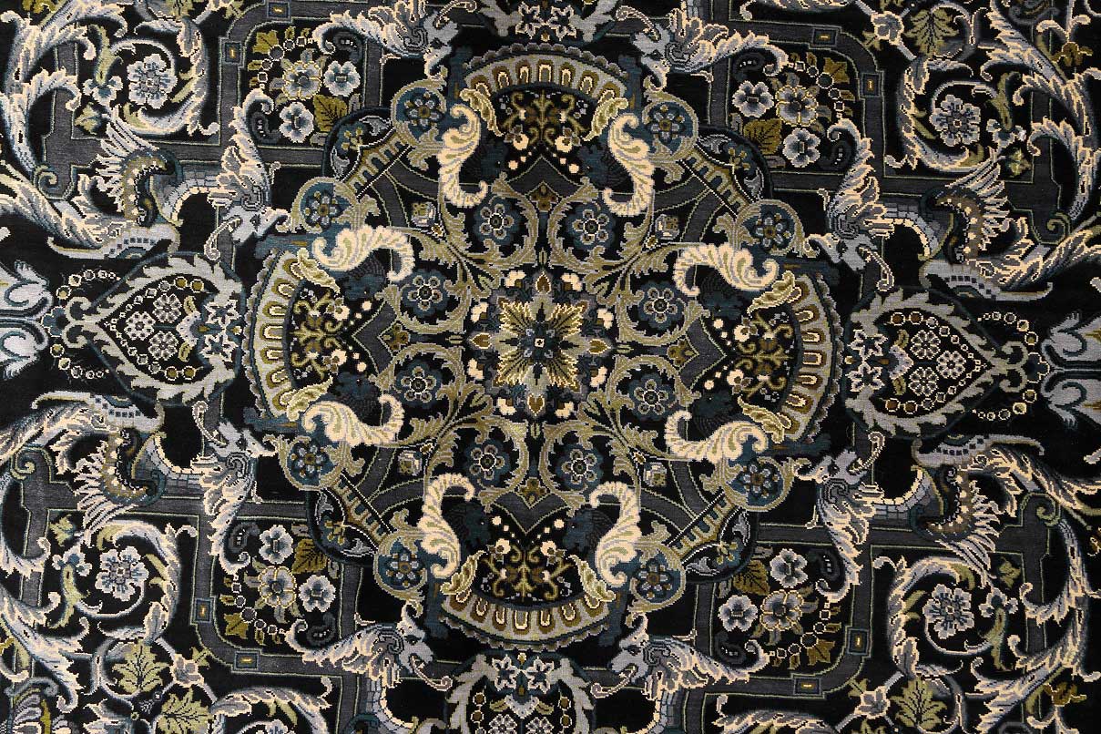 NEU 200×199 cm Handgeknüpfter Erami Ghom Seidenteppich „Versace – Black“ | 70 Raj | 3,98 m² | ca. 3.980.000 Knoten | 100 % Seide auf Seide H1