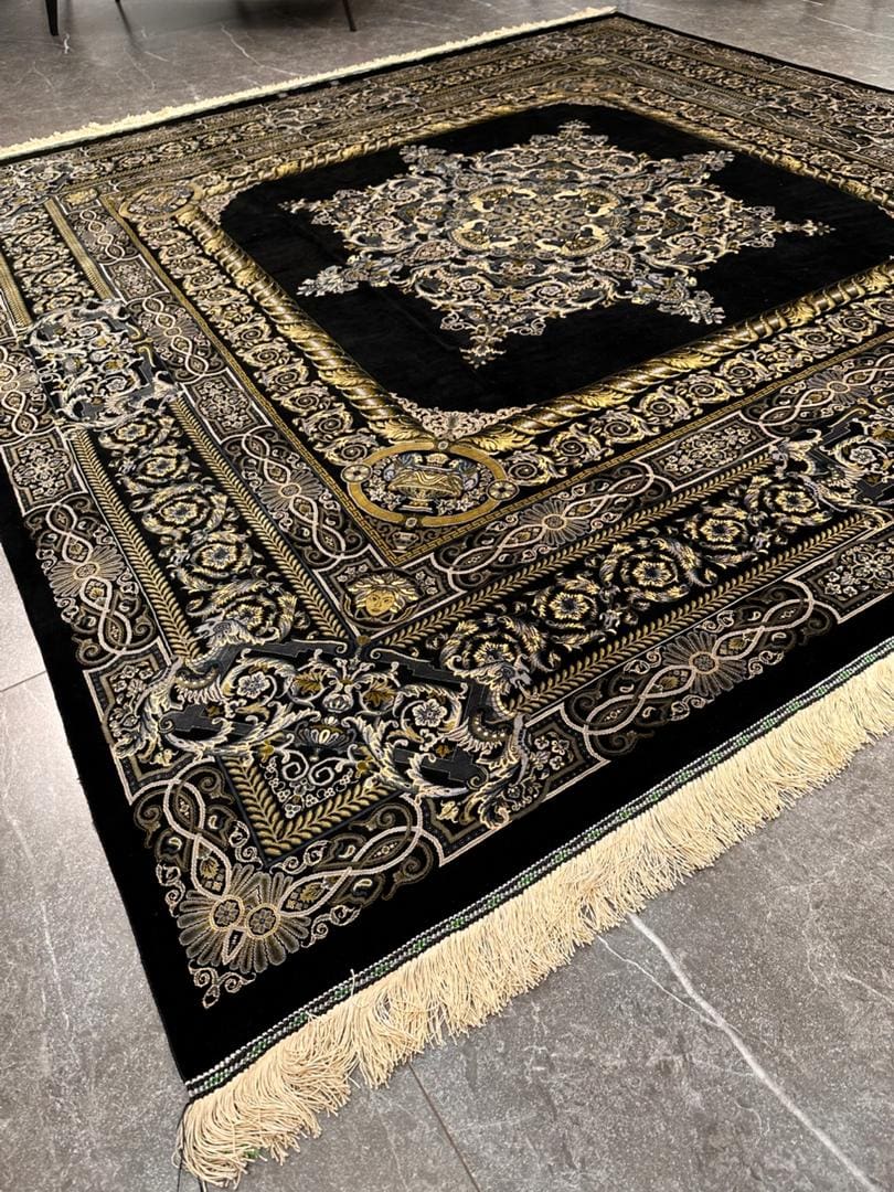 NEU 200×199 cm Handgeknüpfter Erami Ghom Seidenteppich „Versace – Black“ | 70 Raj | 3,98 m² | ca. 3.980.000 Knoten | 100 % Seide auf Seide H1