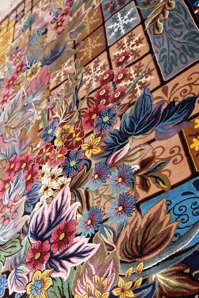 NEU 101×151 cm Handgeknüpfter Erami Ghom Seidenteppich „Mosaic Golfarang“ | 70 Raj | ca. 1.060.000 Knoten | 100 % Seide auf Seide H1