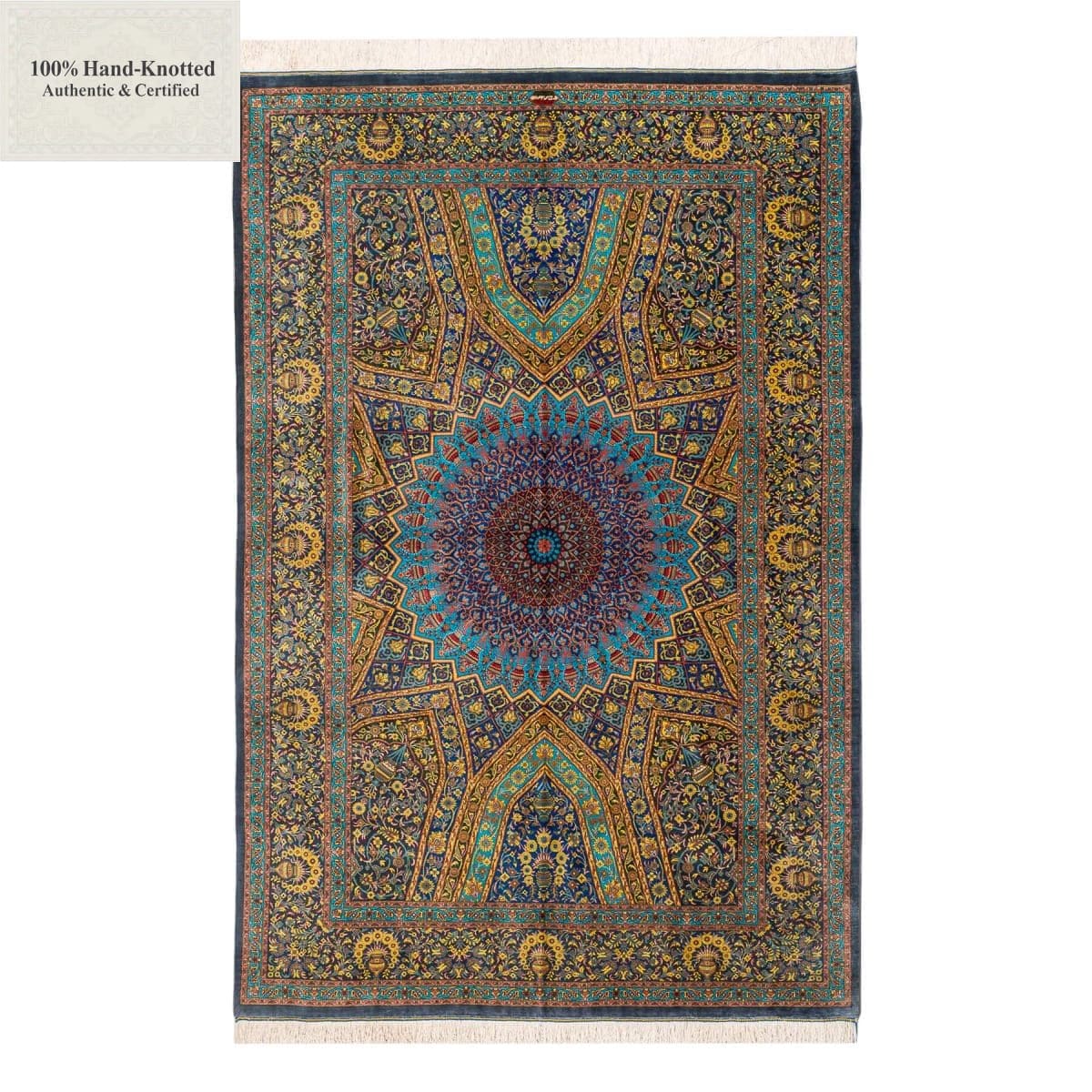 Ghom Perserteppich 202 × 133 cm aus Seide, handgeknüpft
