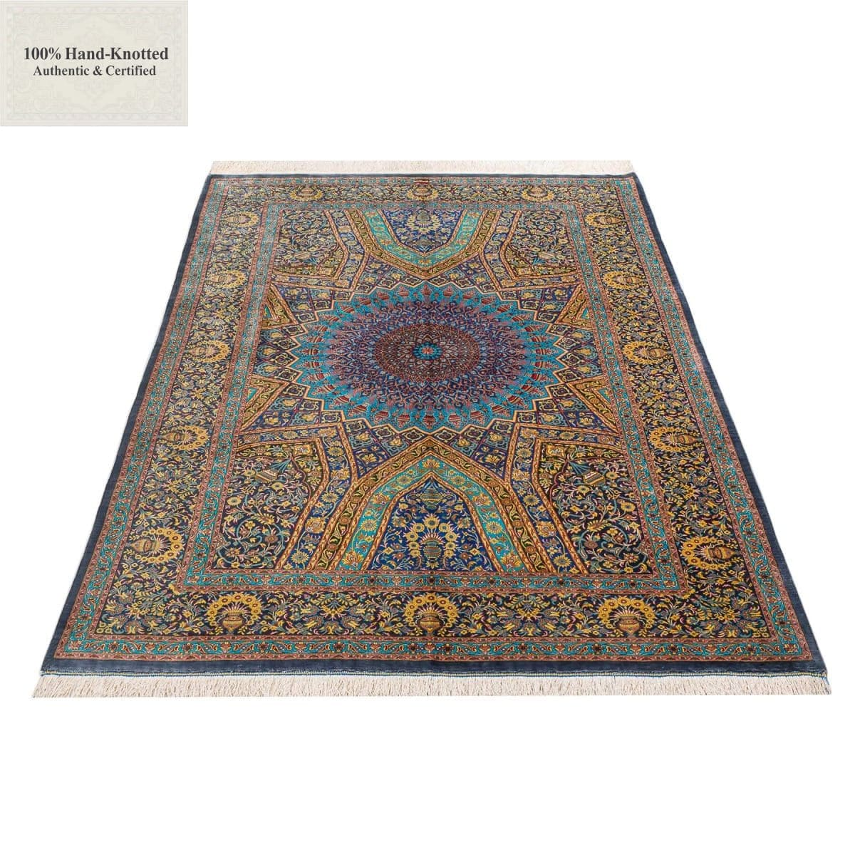 Ghom Perserteppich 202 × 133 cm aus Seide, handgeknüpft