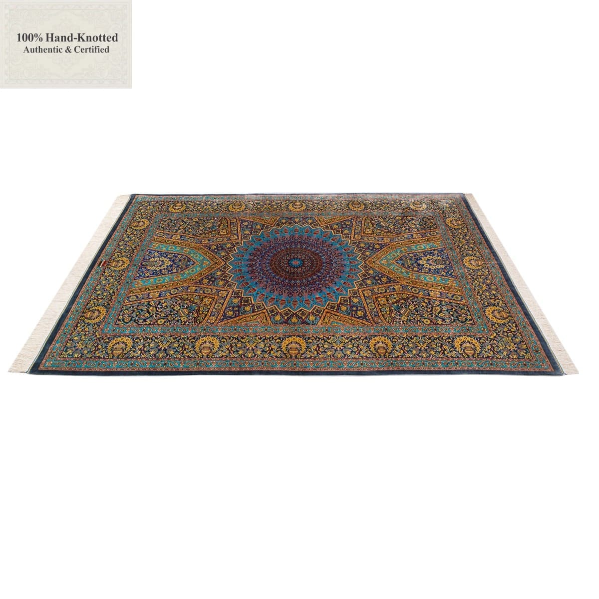 Ghom Perserteppich 202 × 133 cm aus Seide, handgeknüpft
