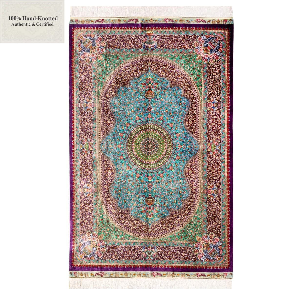 Ghom Perserteppich 200 × 133 cm aus Seide, handgeknüpft