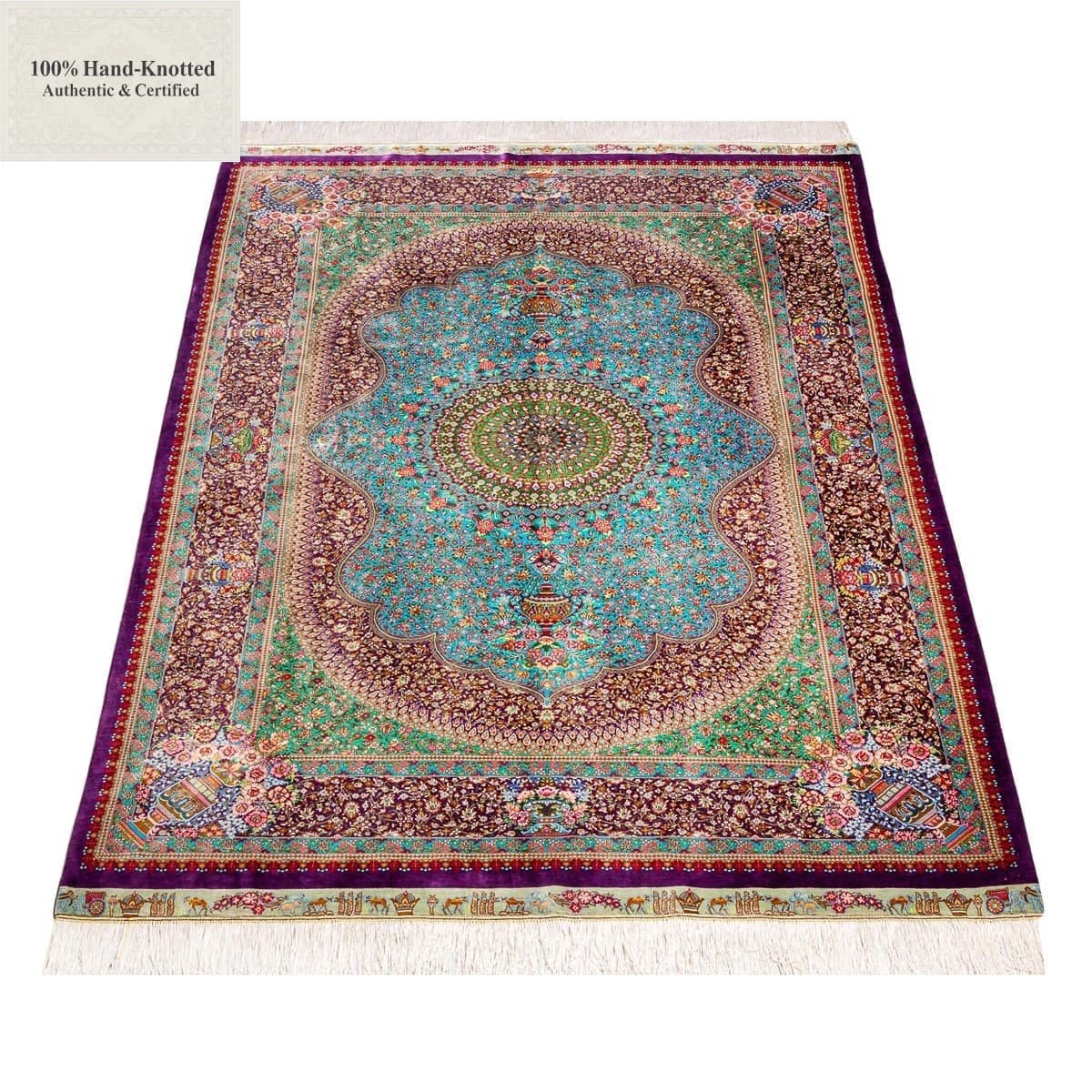 Ghom Perserteppich 200 × 133 cm aus Seide, handgeknüpft