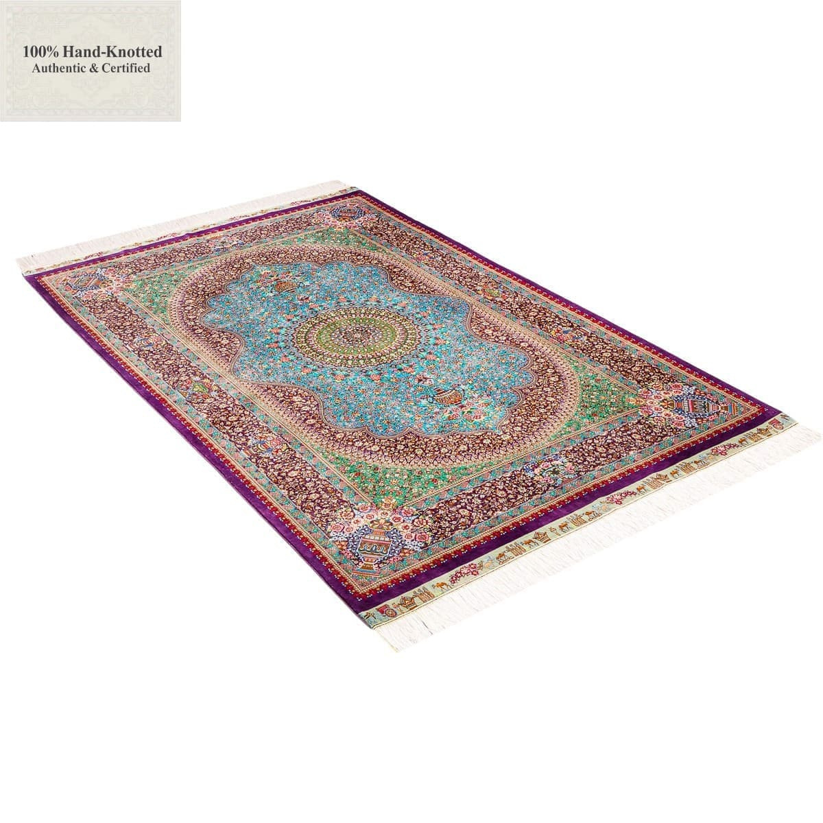 Ghom Perserteppich 200 × 133 cm aus Seide, handgeknüpft