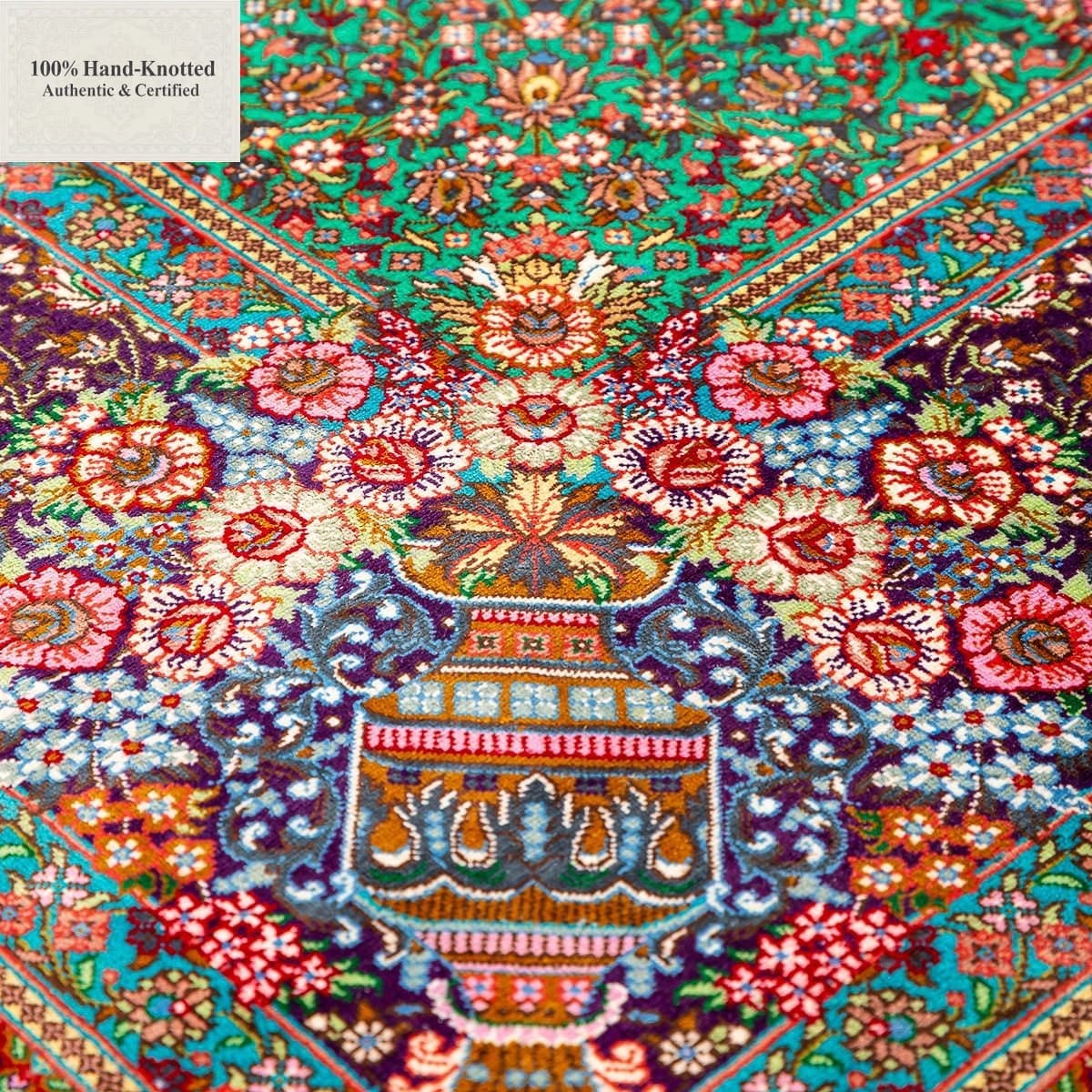 Ghom Perserteppich 200 × 133 cm aus Seide, handgeknüpft