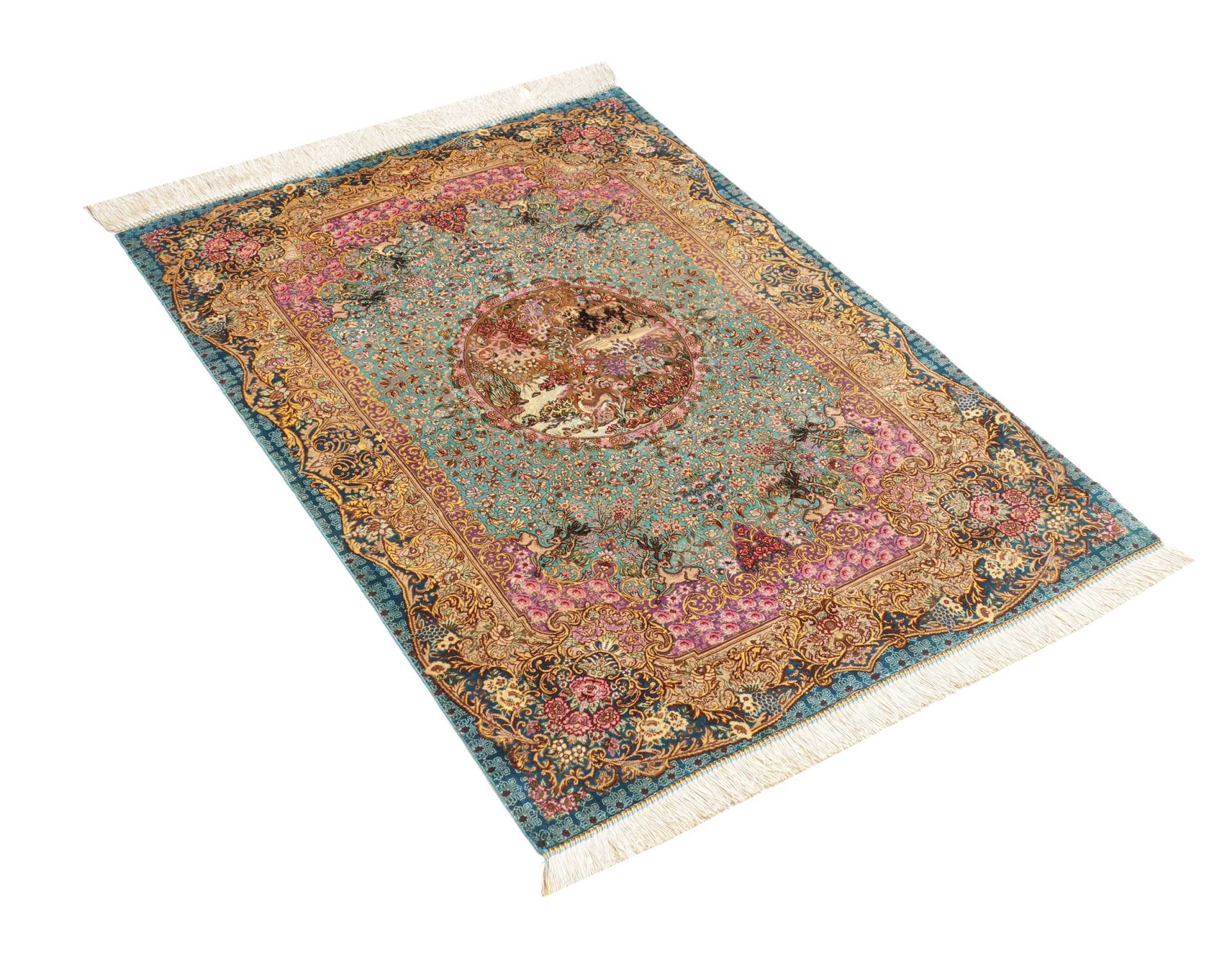 Ghom Perserteppich 83 × 119 cm aus Seide, handgeknüpft