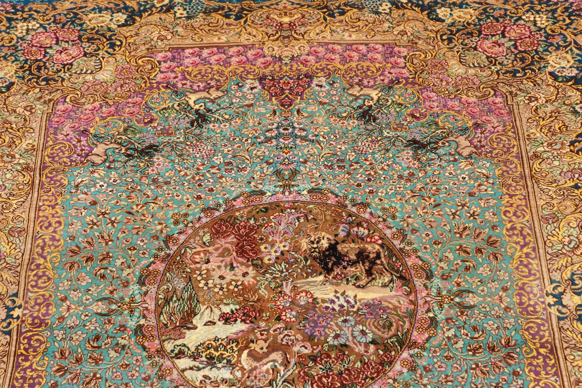 Ghom Perserteppich 83 × 119 cm aus Seide, handgeknüpft