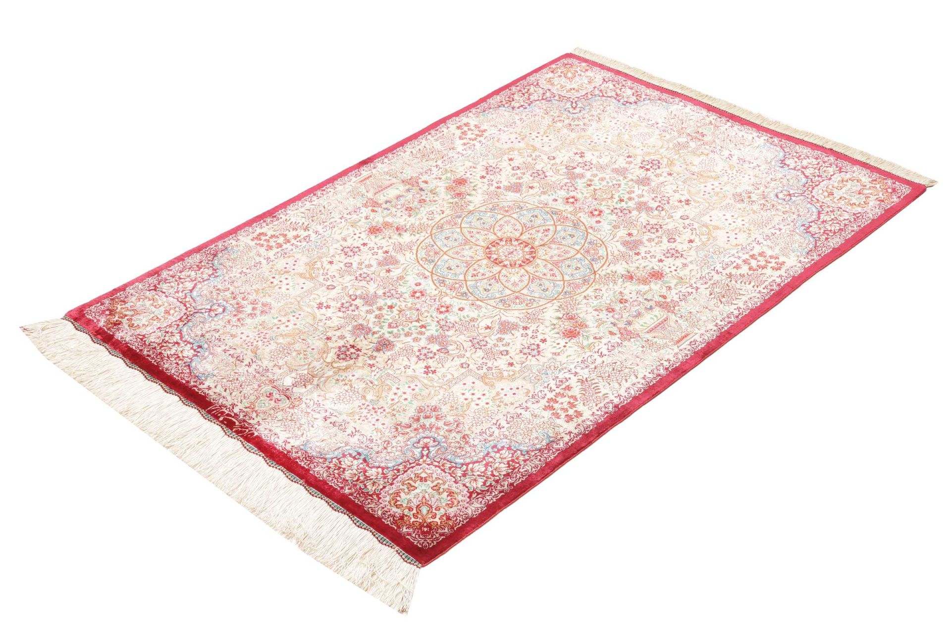 Handgeknüpfter Ghom Perserteppich, 82 × 117 cm, Seide