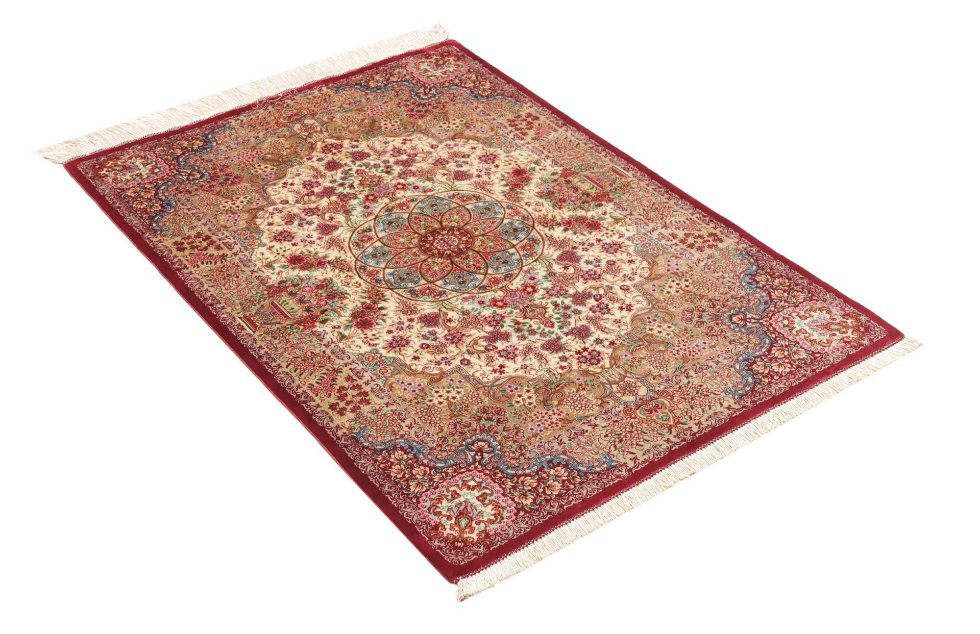 Handgeknüpfter Ghom Perserteppich, 82 × 117 cm, Seide