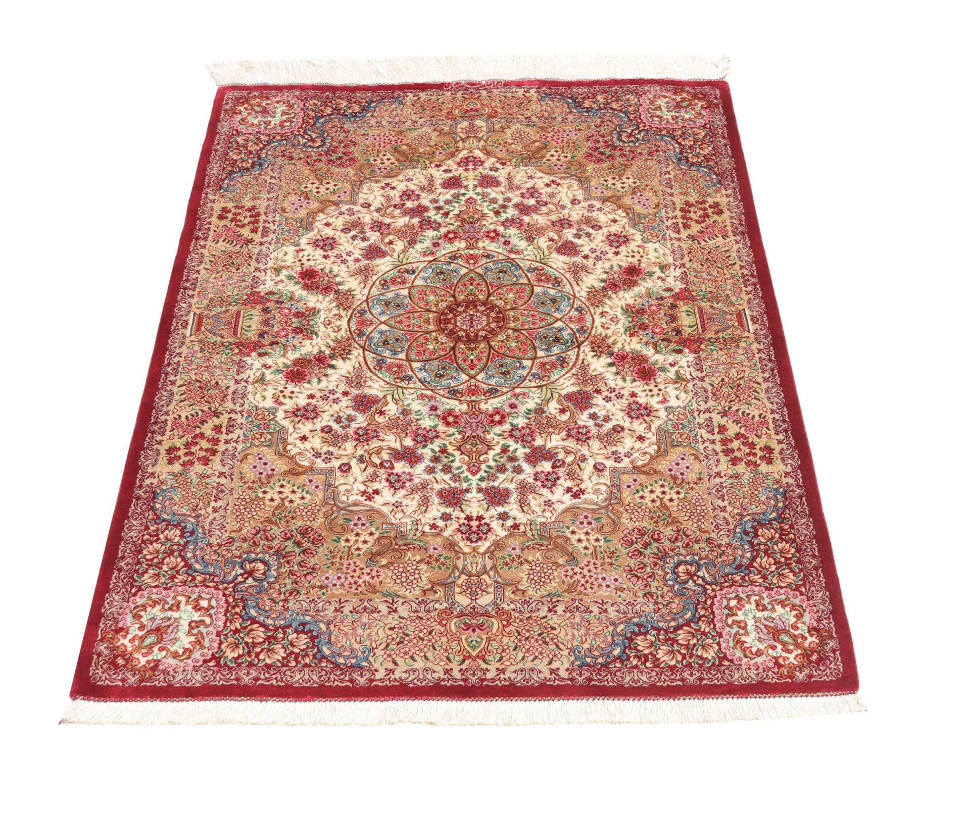 Handgeknüpfter Ghom Perserteppich, 82 × 117 cm, Seide