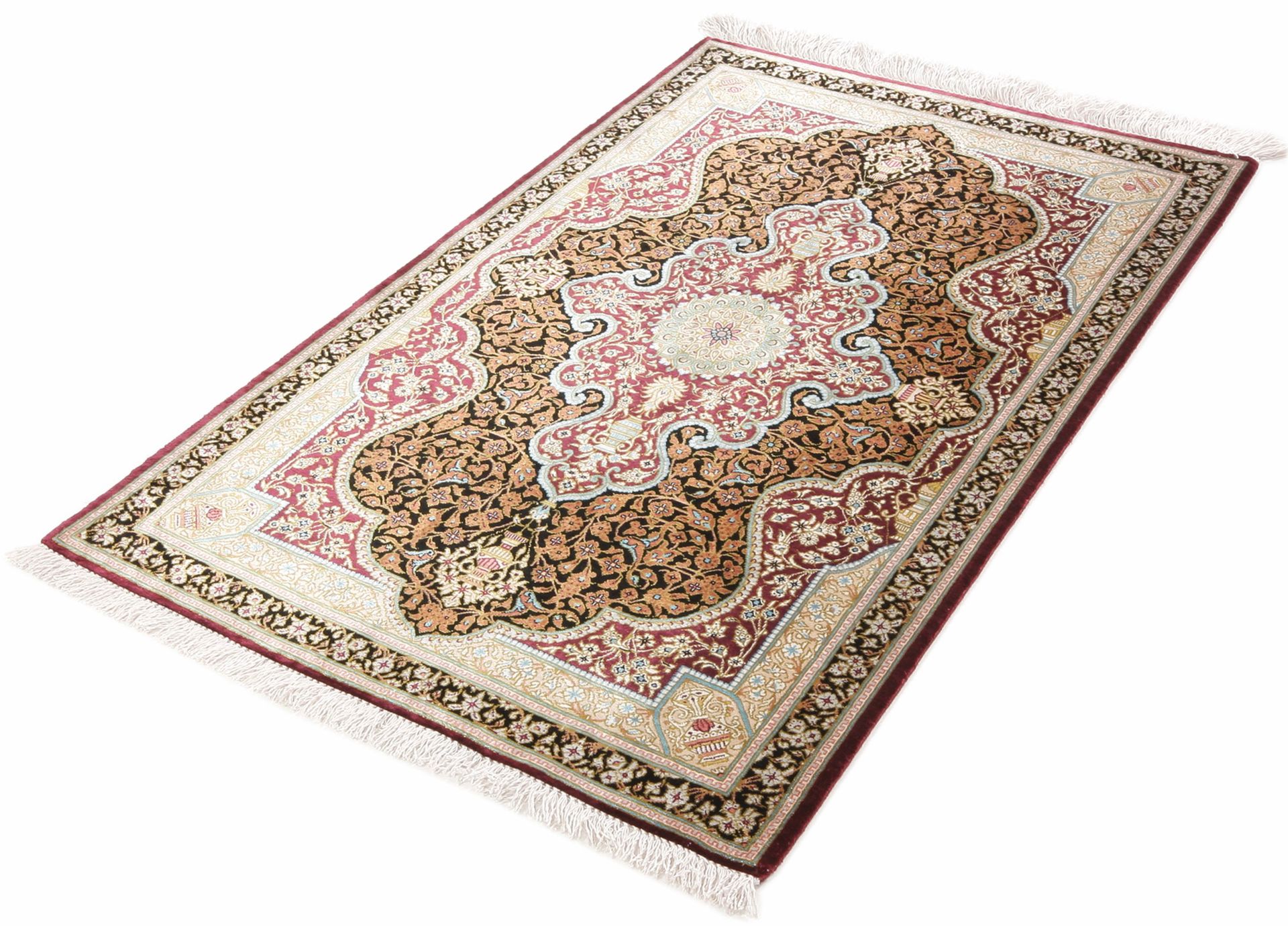 perserteppich-ghom-58-x-91-cm-seide-handgeknupft-glanzend-1 Ghom Perserteppich aus Iran, 58 × 91 cm