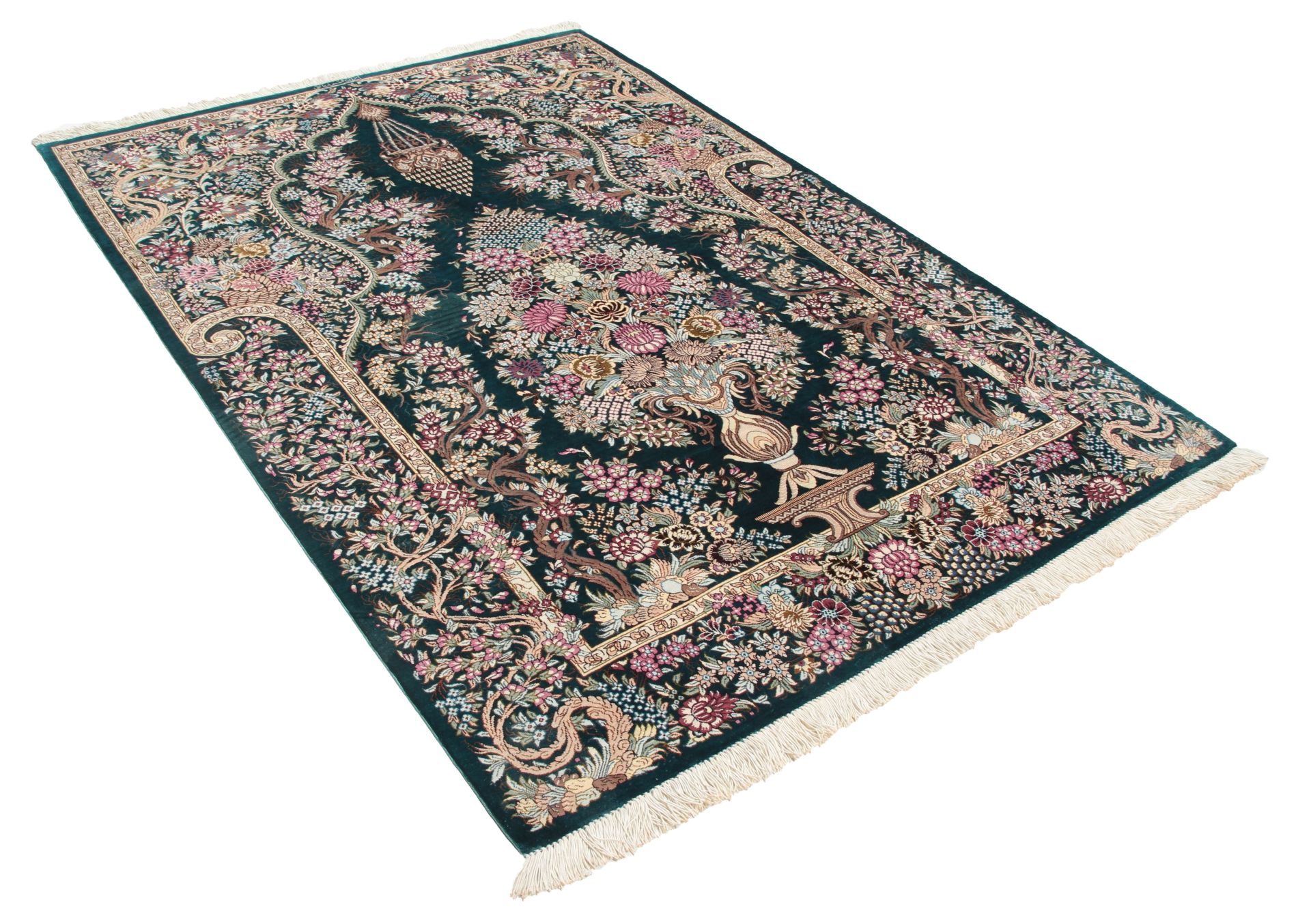 Ghom Perserteppich 102 × 145 cm aus Seide, handgeknüpft