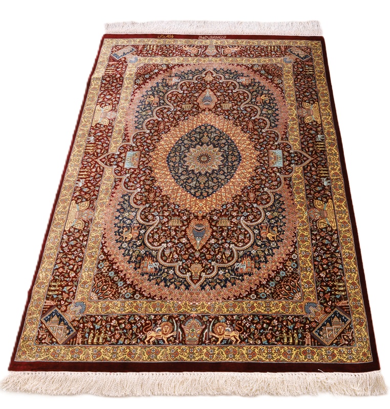 perserteppich-118-x-80-cm-seide-handgeknupft-rot-orange-1 Handgeknüpfter Ghom Perserteppich, 118 × 80 cm, Seide