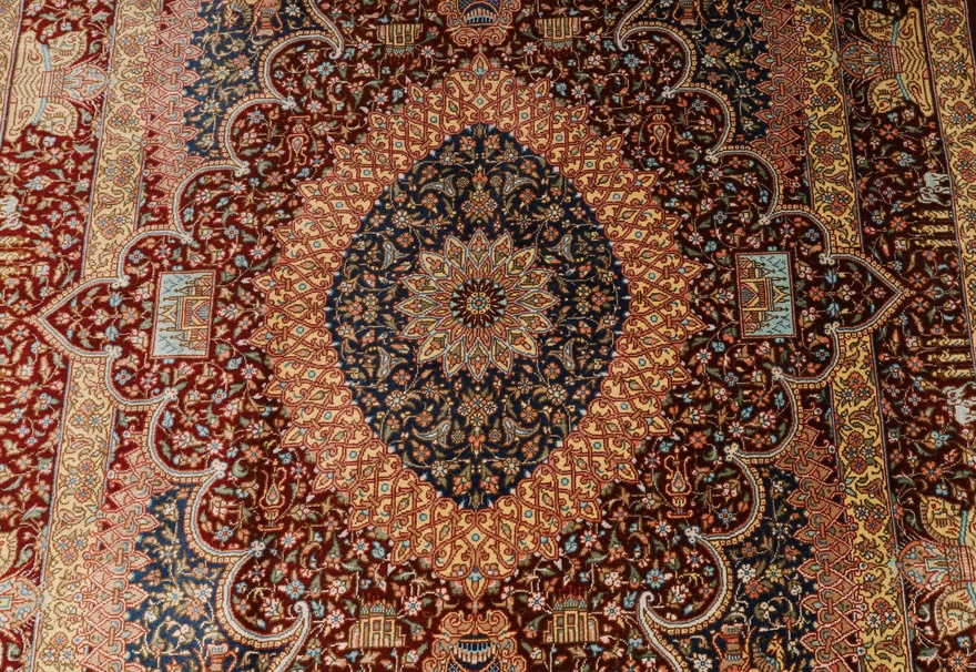 perserteppich-118-x-80-cm-seide-handgeknupft-rot-orange-2 Handgeknüpfter Ghom Perserteppich, 118 × 80 cm, Seide