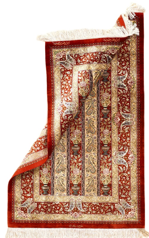 perserteppich-125-x-80-cm-seide-handgeknupft-rot-orange Ghom Perserteppich 125 × 80 cm aus Seide, handgeknüpft