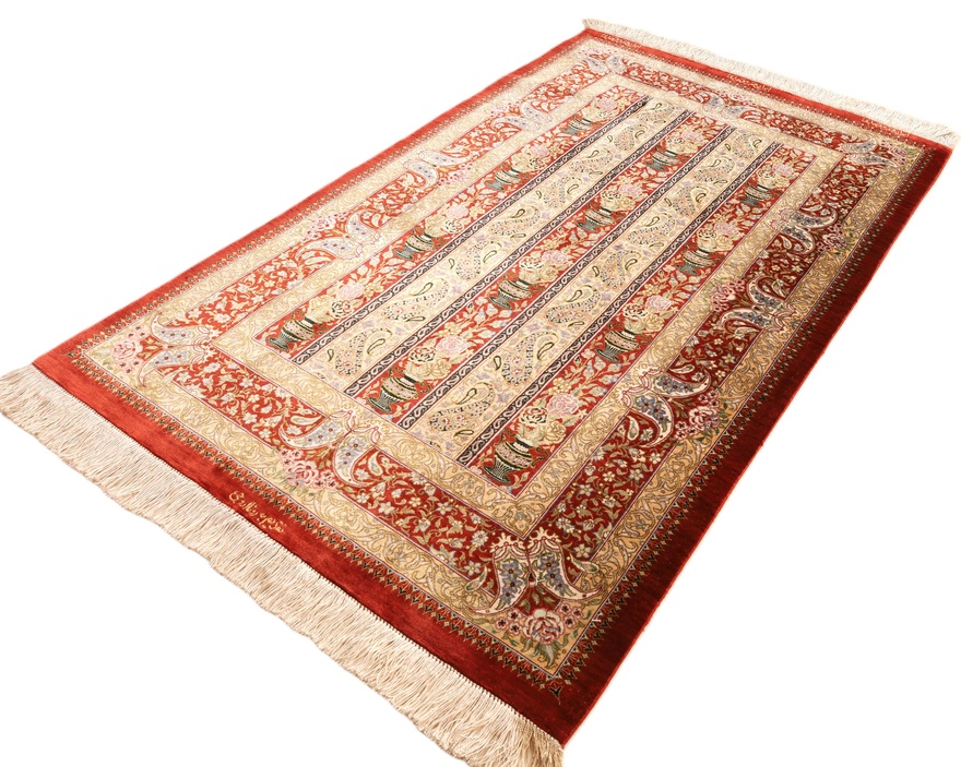 perserteppich-125-x-80-cm-seide-handgeknupft-rot-orange-1 Ghom Perserteppich 125 × 80 cm aus Seide, handgeknüpft